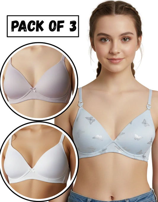 GIRL PACK OF 3 NON WIRED LIGHTLY PADDED BRAS-LBLUE/WHITE/LAVENDER